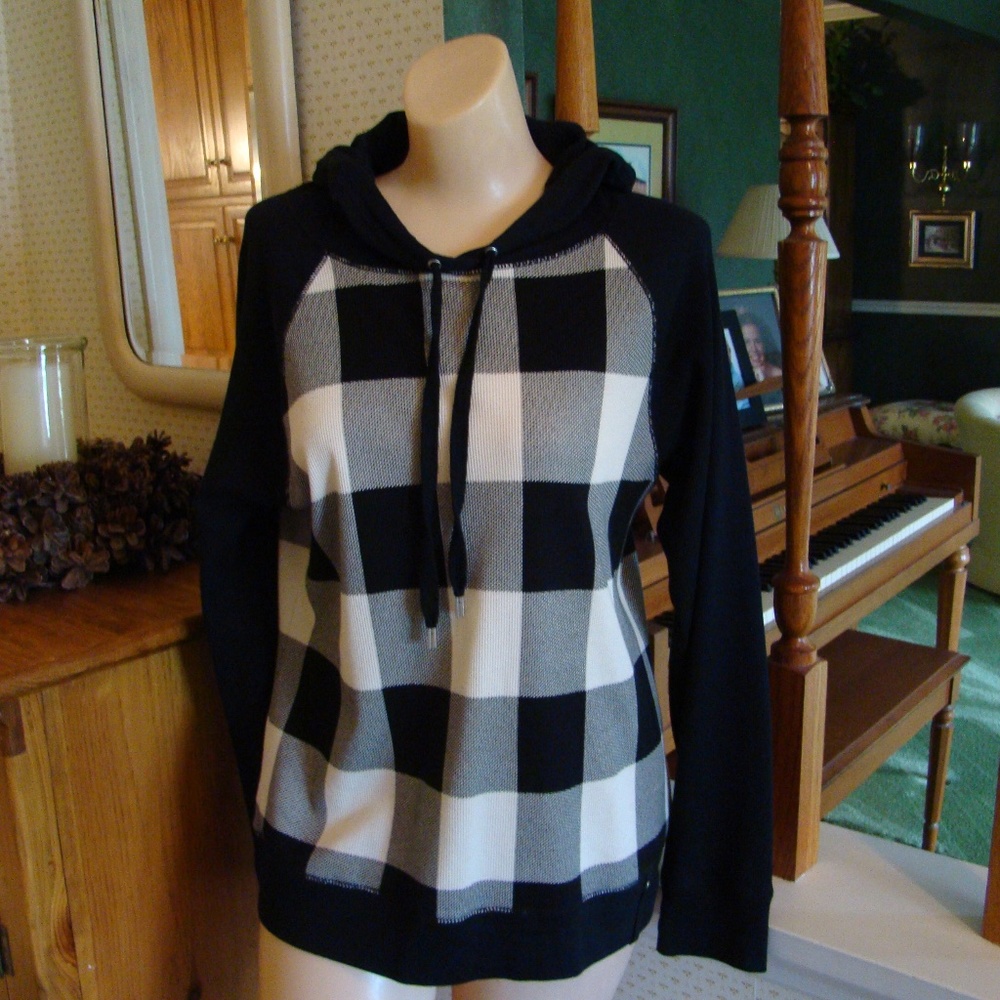 Ralph Lauren Black and Cream  Buffalo Check Long Sleeve Hoodie Shirt, Size L - Picture 2 of 9